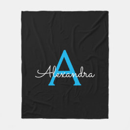 Blue Black Script Girly Monogram Namn Fleecefilt