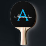 Blue Black Script Girly Monogram Namn Pingisracket<br><div class="desc">Svart och blå Monogram Namn Ping Pong Paddle. Det gör perfekten söt 16-årsjubileum,  bröllop,  möhippa,  årsdag,  babydusch eller bachelorette-fest för någon som glam lyxen och chic stilar i kärlek.</div>