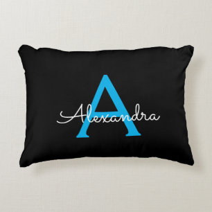 Blue Black Script Girly Monogram Namn Prydnadskudde