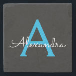 Blue Black Script Girly Monogram Namn Stenunderlägg<br><div class="desc">Svart och blå Enkelt skript,  Monogram Namn Stone Tile. Det gör perfekt studenten,  söt 16-årsdag,  bröllop,  möhippa,  årsdag,  babydusch eller bachelorette-fest till någon som kärlek glam lyx och chic stilar.</div>