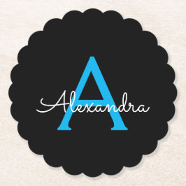 Blue Black Script Girly Monogram Namn Underlägg Papper