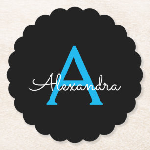 Blue Black Script Girly Monogram Namn Underlägg Papper