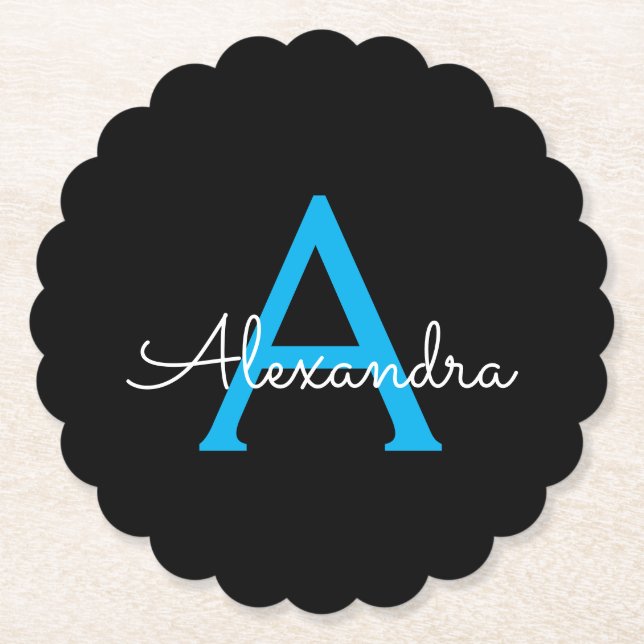 Blue Black Script Girly Monogram Namn Underlägg Papper (Framsida)