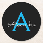 Blue Black Script Girly Monogram Namn Underlägg Papper Rund<br><div class="desc">Pappra Underlägg för svart och blå,  enkel skrift,  Monogram Namn. Det gör perfekt studenten,  födelsedag,  bröllop,  möhippa,  årsdag,  babydusch eller bachelorette-fest till någon som glam lyx och chic stilar.</div>