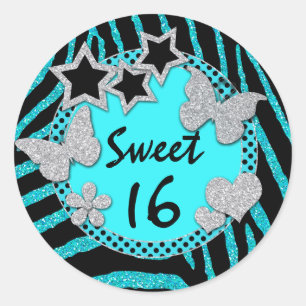 Blue Black Silver FAUX Glitter Sweet 16 Sticker Runt Klistermärke