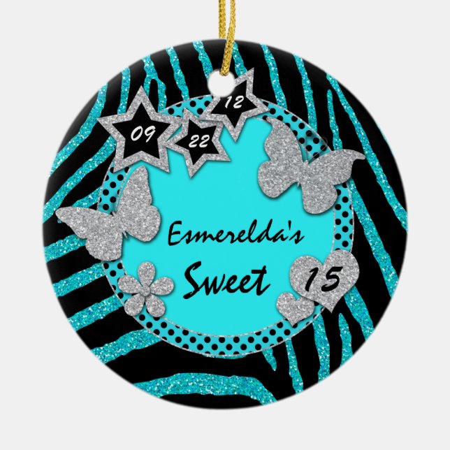 Blue Black Silver Zebra Sweet 15 Photo Ornament (Framsidan)