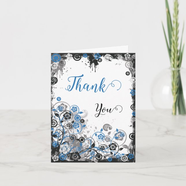 Blue & Black Splatter Floral Thank You Card Tack Kort (Framsida)