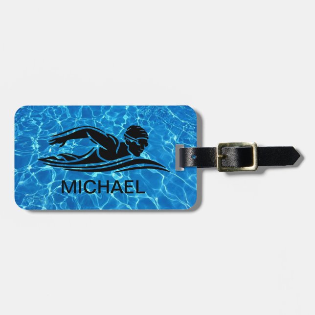 Blue Black Swimmer Swimming Bassäng Vatten Anpassn Bagagebricka (Horisontell Framsida)
