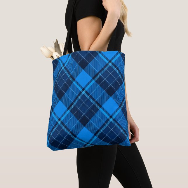 Blue Black Tartan Tote Bag Tygkasse (Närbild)