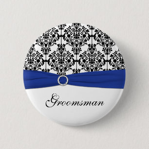 Blue Black White Damask Groomsman Pin Knapp