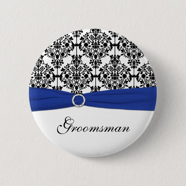 Blue Black White Damask Groomsman Pin Knapp (Framsida)