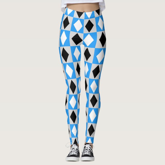 Blue Black White Geometric Rhombus Diamond Leggings (Framsida)