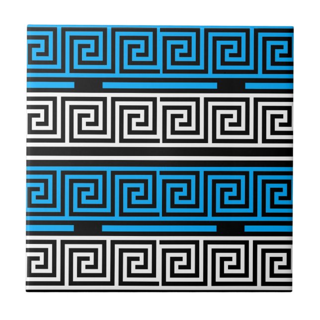 Blue Black White Greek Key Fret Pattern Design  Kakelplatta (Framsidan)