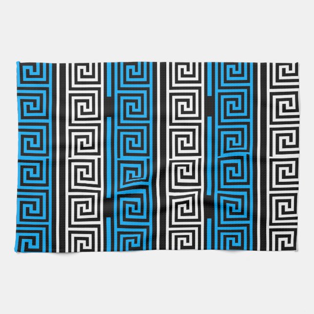 Blue Black White Greek Key Fret Pattern Design  Kökshandduk (Horisontell)