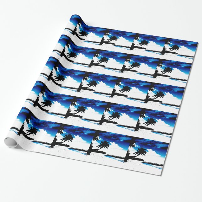 Blue Black White handflatan Träd Silhouette Presentpapper (Utrullad)