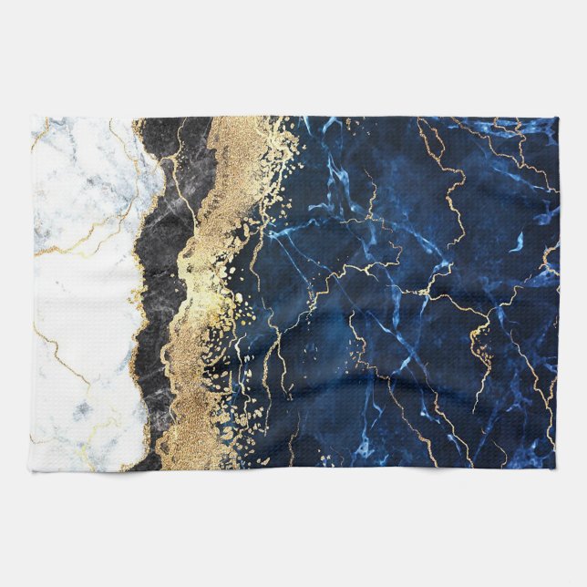 Blue Black White Marble Glam Kökshandduk (Horisontell)