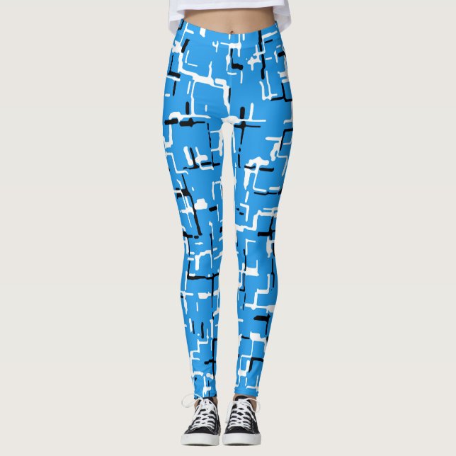 Blue Black White Modern Abstrakt Mönster Leggings (Framsida)