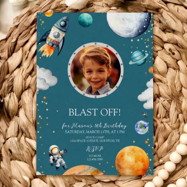 Blue Blast Off Photo Space Theme Kids Birthday Inbjudningar (Skapare uppladdad)