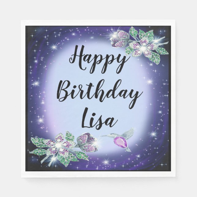 Blue Bling Blommigt Birthday Pappersservett (Framsidan)