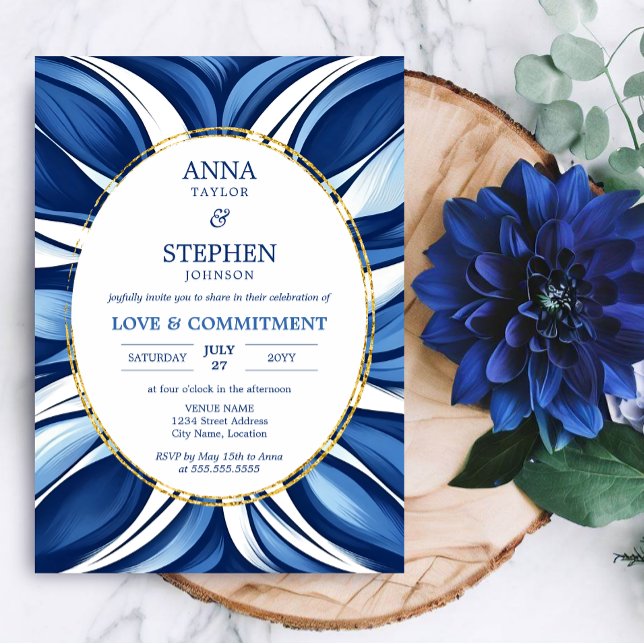 Blue Bliss Organic Blommigt Commduction Ceremony Inbjudningar (Blue Bliss retro organic floral commitment ceremony invitation front.)