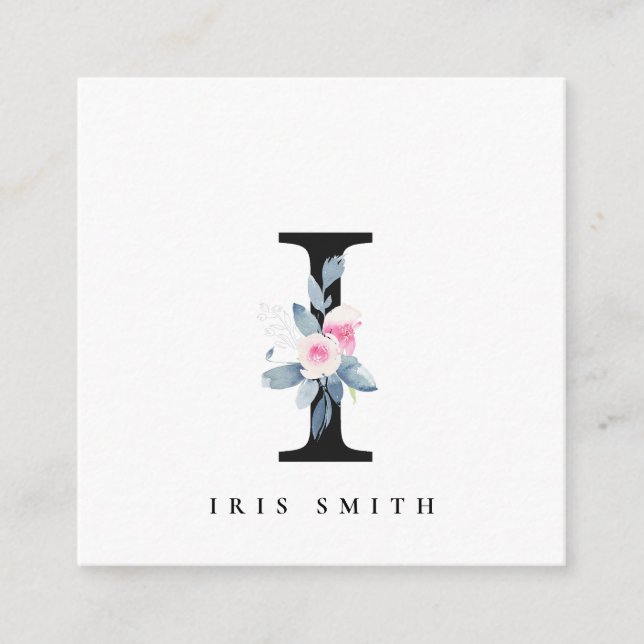  BLUE BLOMMIGT ALFABETS NAMN BREV I FYRKANTIGT VISITKORT (Framsida)