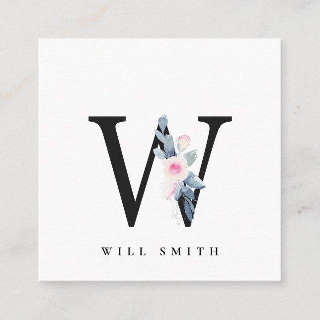  BLUE BLOMMIGT ALFABETS NAMN BREV W FYRKANTIGT VISITKORT (Framsida)