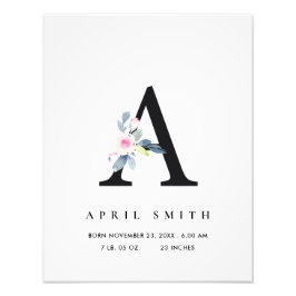 BLUE BLOMMIGT ALPHABET NAMN A BABY BIRTH STATS FOTOTRYCK