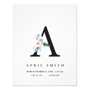 BLUE BLOMMIGT ALPHABET NAMN A BABY BIRTH STATS FOTOTRYCK