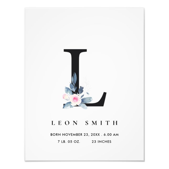  BLUE BLOMMIGT ALPHABET NAMN L BABY BIRTH STATS FOTOTRYCK (Framsidan)