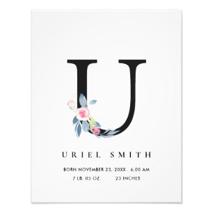 BLUE BLOMMIGT ALPHABET NAMN U BABY BIRTH STATS FOTOTRYCK