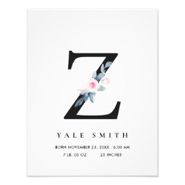 BLUE BLOMMIGT ALPHABET NAMN Z BABY BIRTH STATS FOTOTRYCK