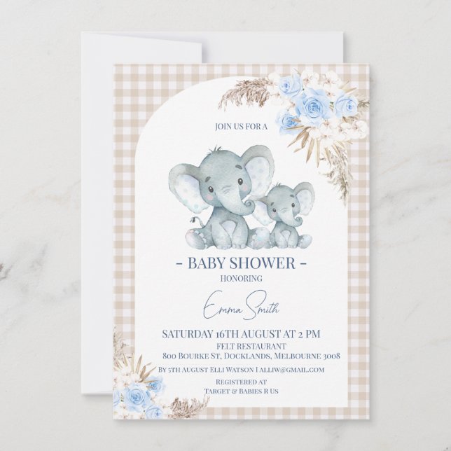 Blue Blommigt Arch Elephant Baby Shower Inbjudningar (Framsida)