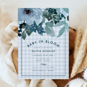 Blue Blommigt Baby i Bloom Gingham Boy Shower