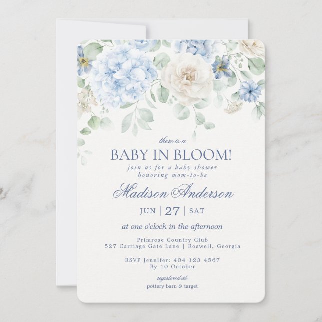 Blue Blommigt Baby i Bloom Hydrangea Baby Shower Inbjudningar (Framsida)