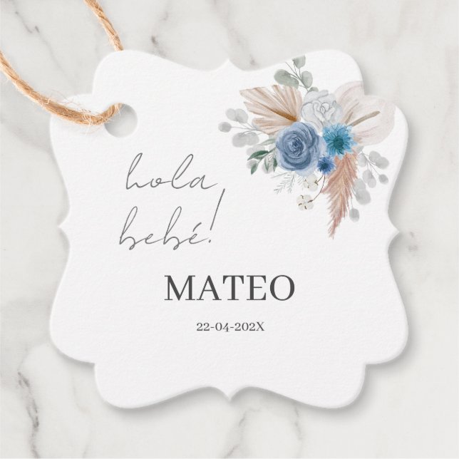 Blue Blommigt Baby Shower Boy Spain Gåvor Etiketter (Framsida)
