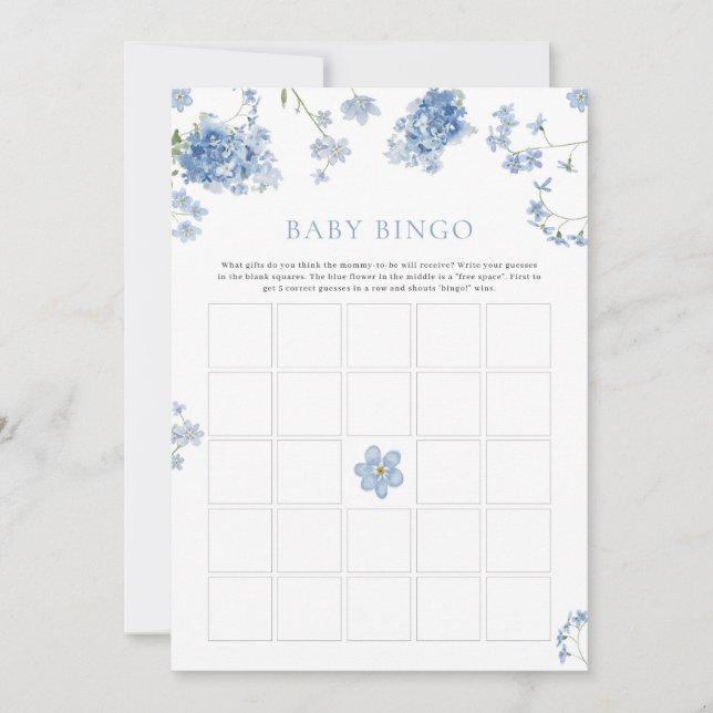 Blue Blommigt Baby Shower Game Baby Bingo Game (Framsida)