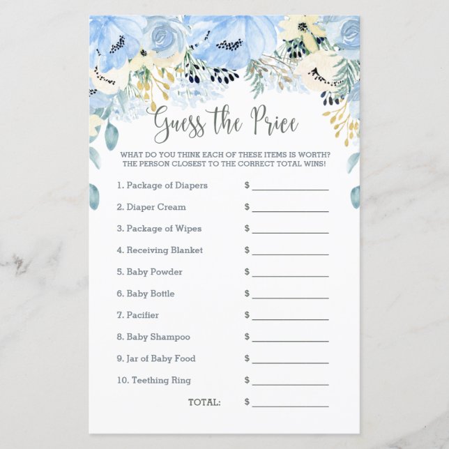 Blue Blommigt Baby Shower Game Gissa Pris (Framsida)