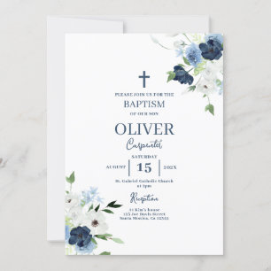 Blue Blommigt Baptism Boy Inbjudningar