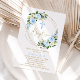 Blue Blommigt Baptism Christening Guld Ram Inbjudningar