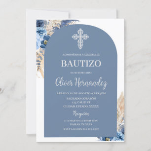 Blue Blommigt Bautizo Spansk inbjudan