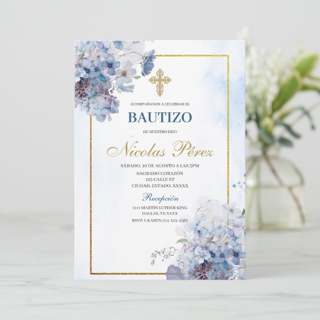 Blue Blommigt Bautizo Spansk inbjudan (Stående Fram)