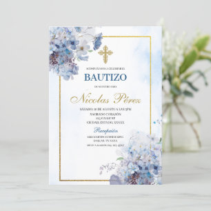 Blue Blommigt Bautizo Spansk inbjudan