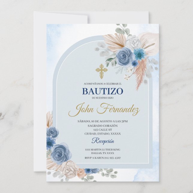 Blue Blommigt Bautizo Spansk inbjudan (Framsida)