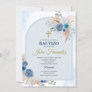 Blue Blommigt Bautizo Spansk inbjudan