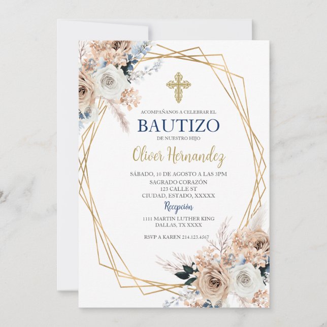 Blue Blommigt Bautizo Spansk inbjudan (Framsida)