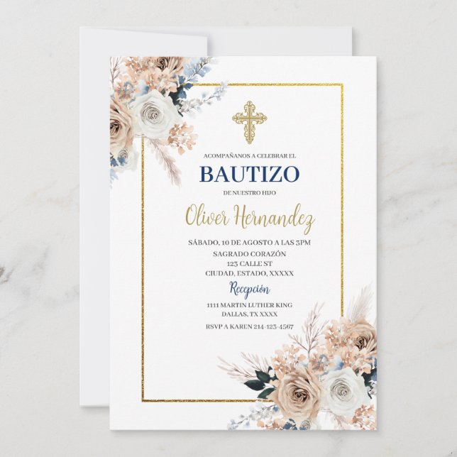 Blue Blommigt Bautizo Spansk inbjudan (Framsida)