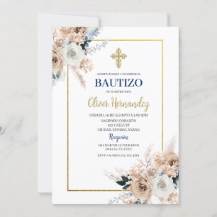 Blue Blommigt Bautizo Spansk inbjudan