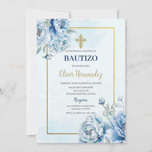 Blue Blommigt Bautizo Spansk inbjudan (Framsida)