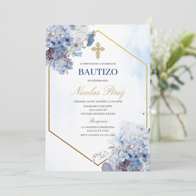 Blue Blommigt Bautizo Spansk inbjudan (Stående Fram)