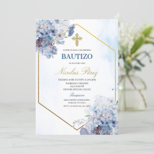 Blue Blommigt Bautizo Spansk inbjudan